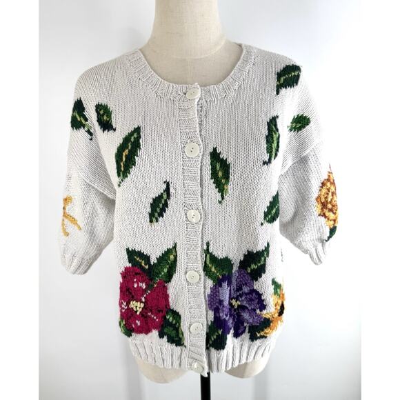 Marisa Christina Sweaters - Marisa Christina Crew Cardigan Sweater Cottage Vintage Floral Leaves Hand Knit